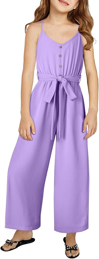 blibean Girls Sleeveless Jumpsuits Belted Wide Leg Romper with Pockets Size 6-7 Years (Purple)