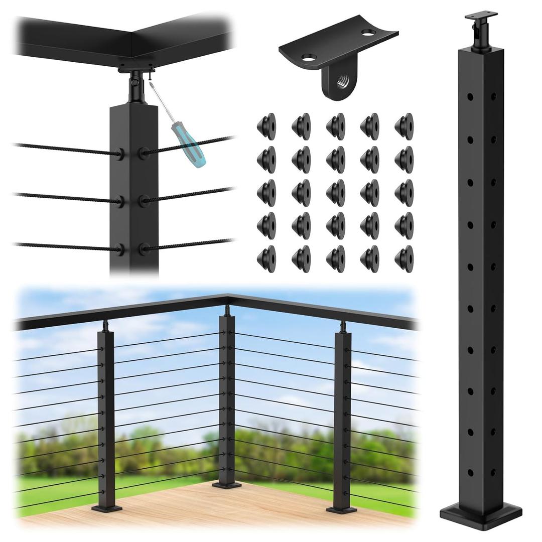 36" Cable Railing Corner Post, Stainless Steel Adjustable Top Deck Corner Post with Cable Grommets, 2"x2" 90 L-Drilled Metal Corner Post for Black Deck Stair Railing System, RG13
