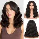 FAVE 14 Inches Brown Wavy Bob Wig Synthetic Curtain Bangs Wig for Women Heat-Resistant Bob Wig for Daily UseDark Brown,190g