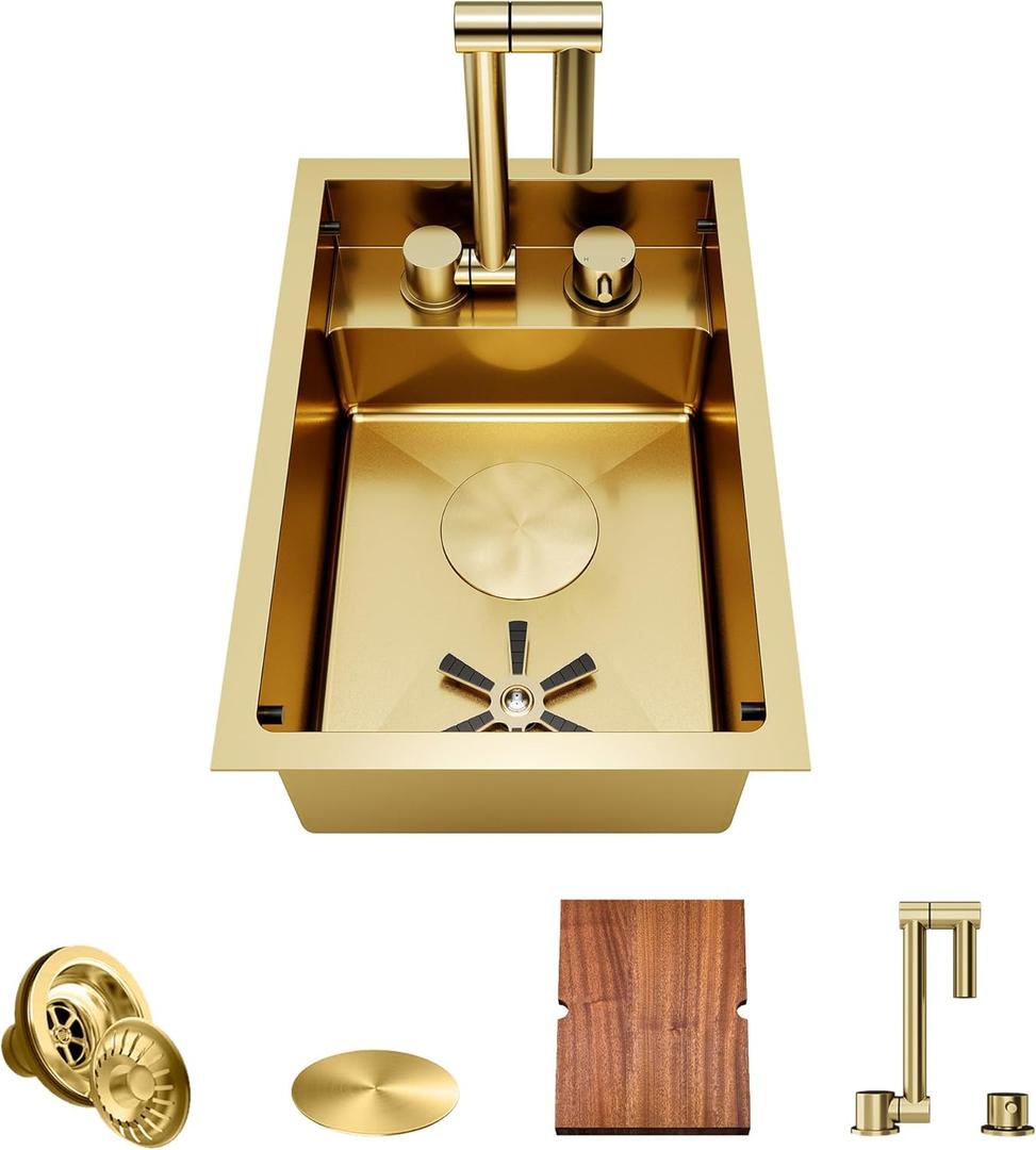 TORVA Gold RV Kitchen Sink, 12x17x7 Inch Compact Bar Sink, 16 Gauge T304 Stainless Steel Undermount Nano Coated Sink, Space-Saving Design for Camper Van, Boat, and Tiny Home