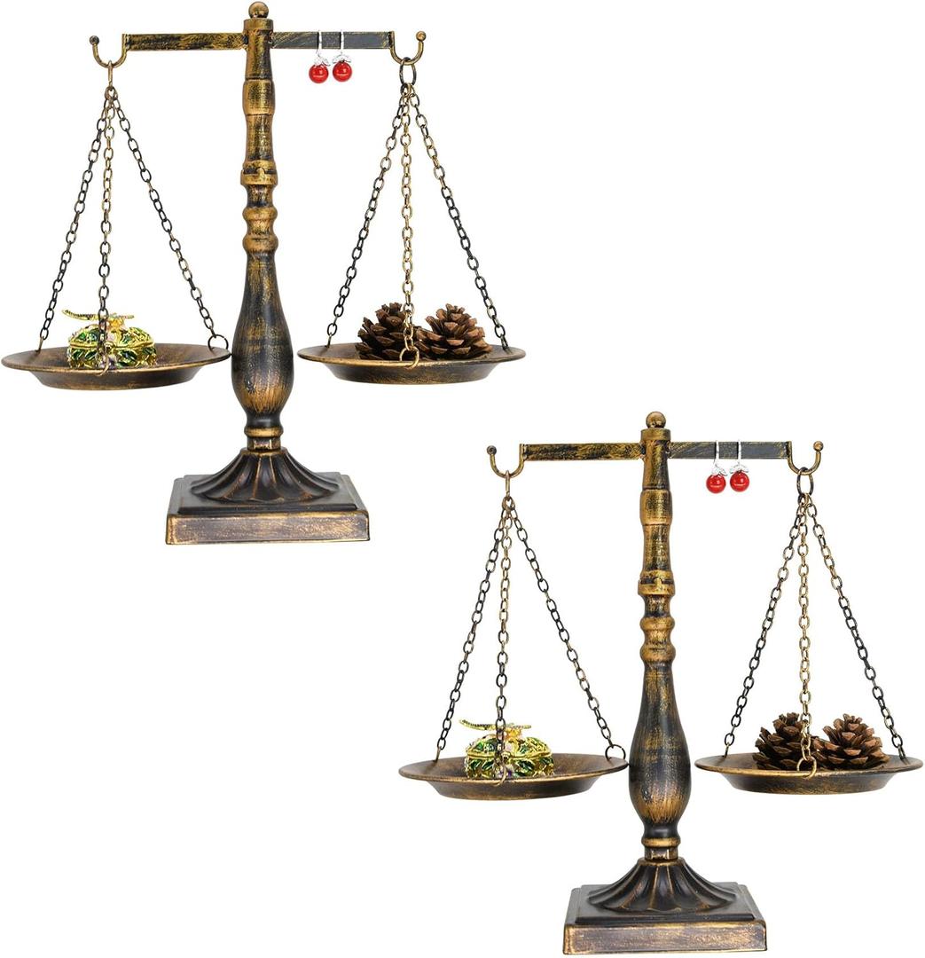 Set of 2 Vintage Metal Libra Jewelry Towers Display Cosmetic Organizer Storage, Scale Centerpiece Stand, Antique Jewelry Storage, Farmhouse Candleholder Display  Bronze, 7.7 W x 12.1 H (One Size)