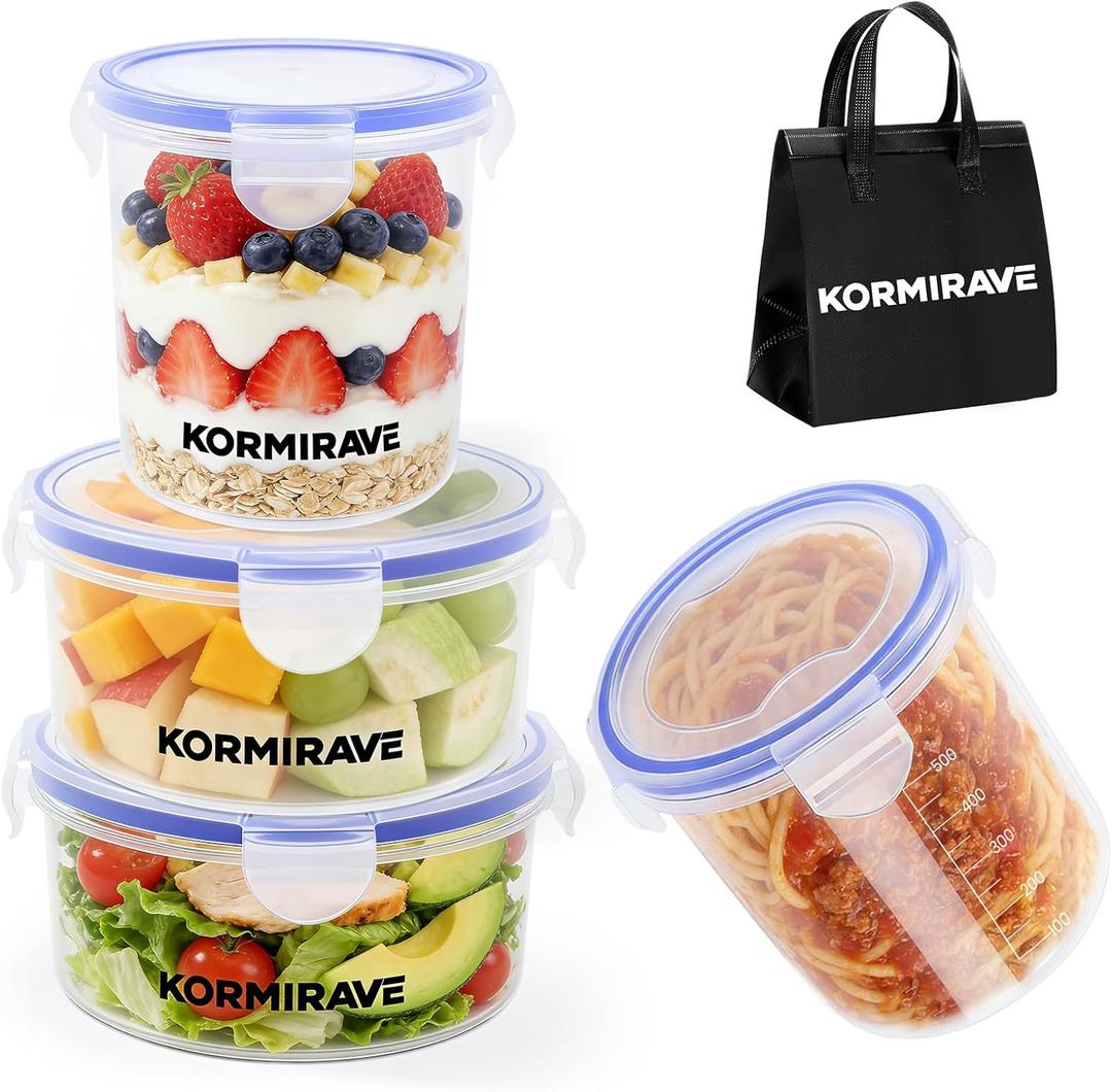 Leakproof Food Storage Containers with Insulated Bag - 4 Pack BPA Free Airtight Plastic Containers for Soup, Meal Prep & Lunch | Stackable | Microwave/Dishwasher/Freezer Safe [22oz/23oz]