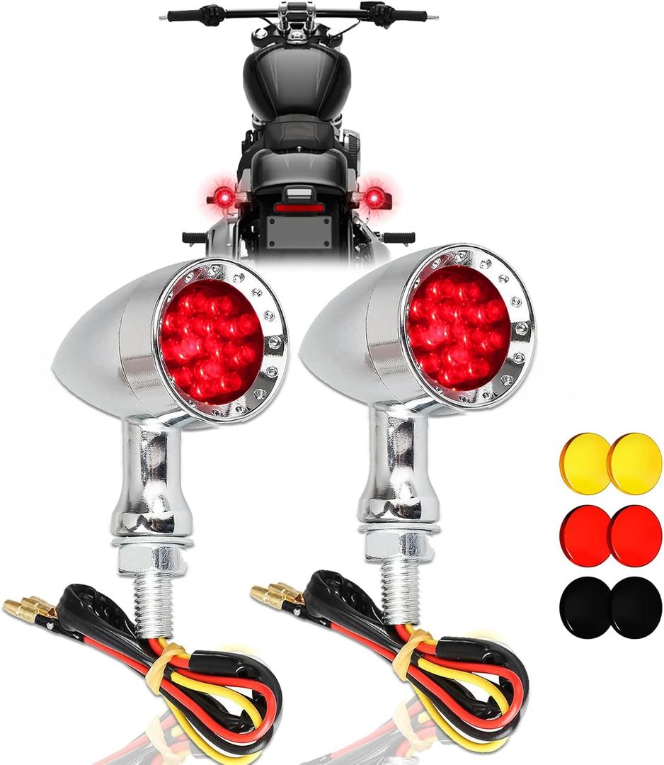 DREAMIZER 2pcs Chrome Bullet 15 LEDs Motorcycle Turn Signal Lights Front and Rear Indicator Lamps Compatible with Harley Honda Yamaha Cruiser Softail Sportster Street bike Chopper Bobber