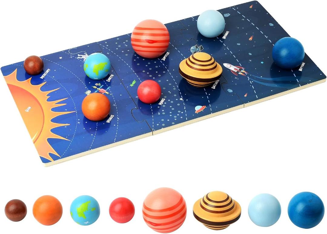 Wooden Solar System Model Board, Montessori Toys Planets Puzzle Science STEM Space Learning for Kids 4-8 with 3D Planets Models, Prechool Educational Gift for Boys Girls
