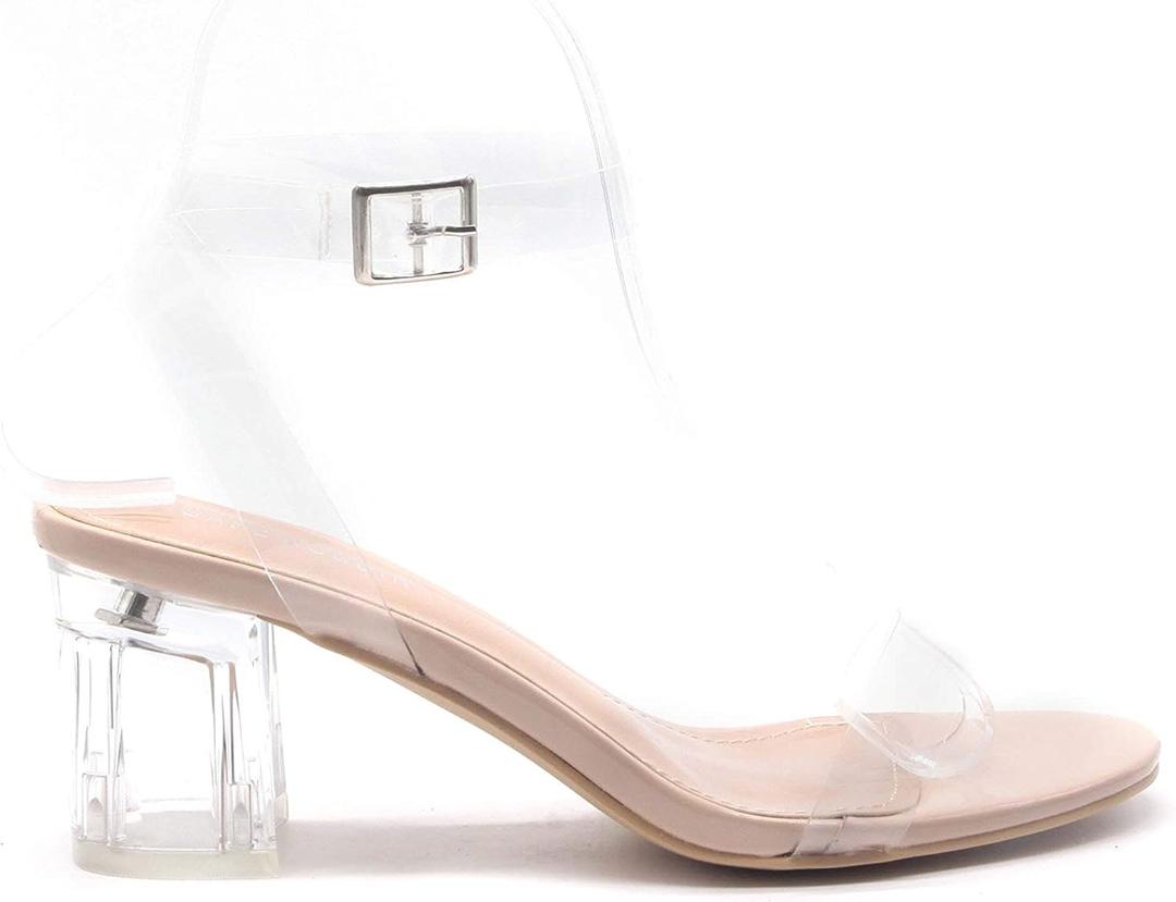 Cape Robbin Wisdom Clear Chunky Block Low Heels for Women, Transparent Strappy Open Toe Shoes Heels for Women - Nude Size 11