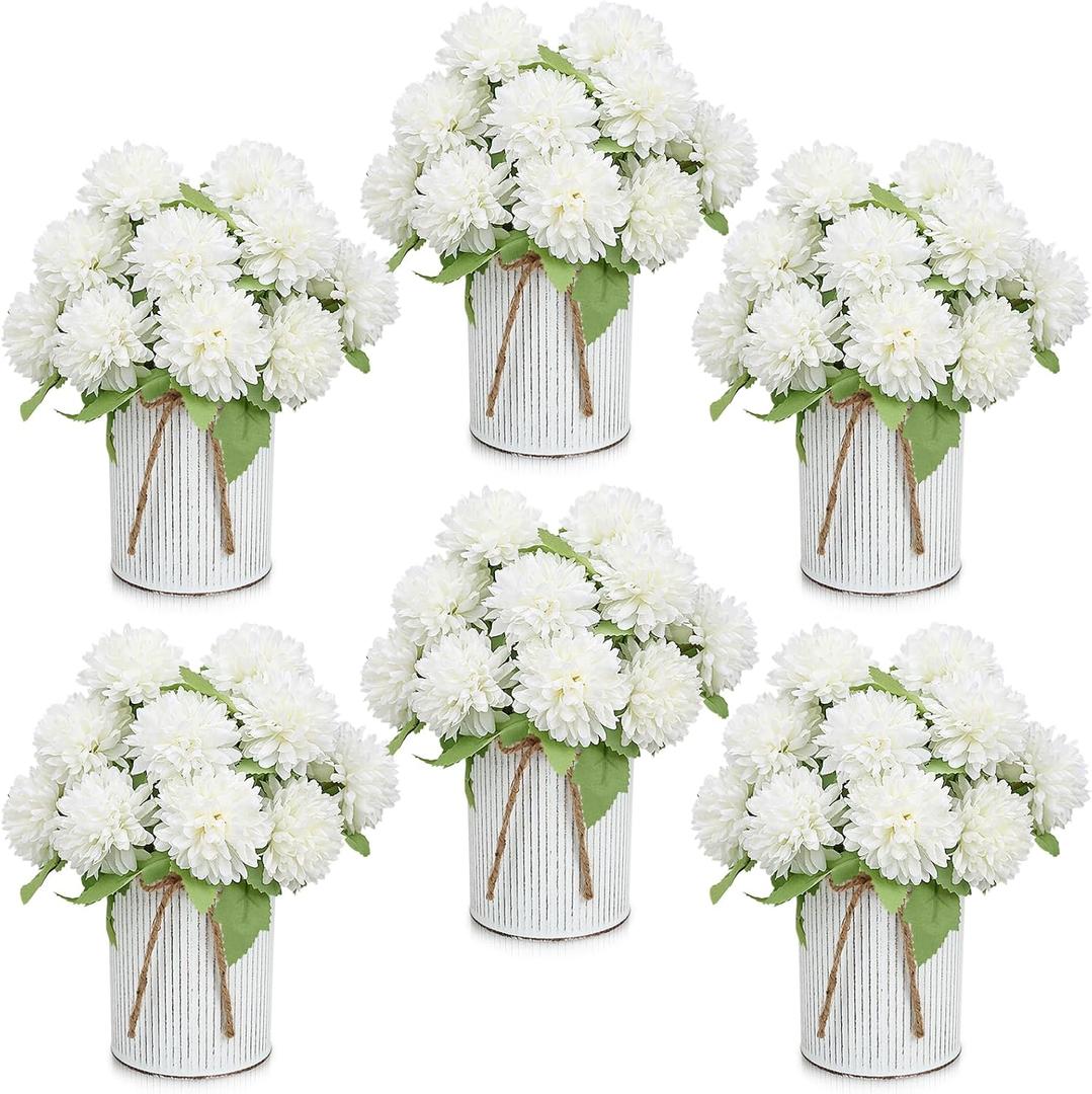 Pre-Made Flower Table Centerpieces, Set of 6 Artificial Silk Chrysanthemum with Farmhouse Metal Vases for Wedding, Birthday Parties, Home, Dining Table Decorations - Ivory White
