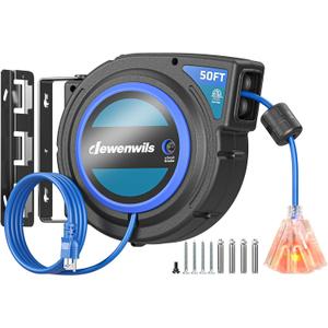 DEWENWILS Retractable Extension Cord Reel, 50 FT 14/3C SJTOW Heavy Duty Power Cord with Lighted Triple Tap Outlet, 180 Swivel Bracket for Ceiling/Wall Mount, 13A Circuit Breaker, ETL Listed, Blue