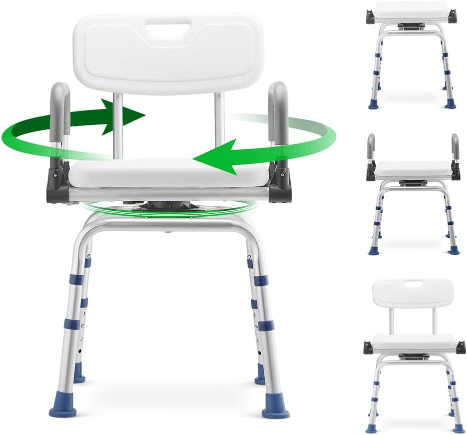 GreenChief Swivel Shower Chair for Inside Shower - Handicap Bath Chair with Drop Arms and Back, 360 Degree Rotating Shower Seat for for Elderly and Disabled (300 LB)