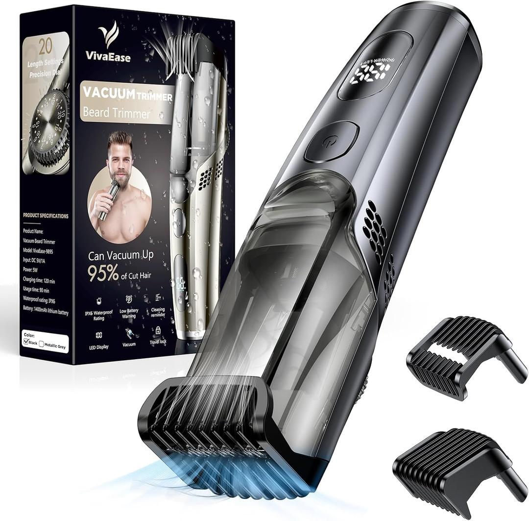 Vacuum Beard Trimmer for Men, New Version Adjustable Precision Trimming Length with 2 Comb, Electric Cordless Vacuum Trimmer for Beard, Waterproof and Rinses Easy, Blades for Skin fit, Black