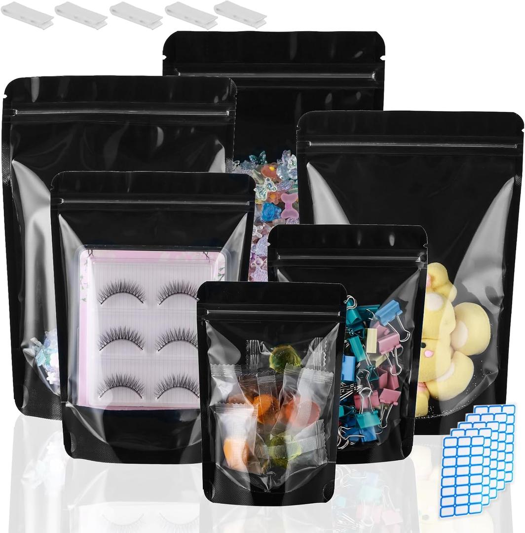 200 Mylar Bags for Food Storage 6X9 Mylar Bags with Window Large Candy Packaging Resealable Bags Black Stand Up Pouches Edible Packaging for Small Business