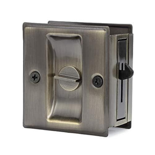 HOMOTEK Privacy Sliding Door Lock with Pull - Replace Old Or Damaged Pocket Door Locks Hardware Quickly and Easily, 2-3/4”x2-1/2”, for 1-3/8” Thickness Door, Antique Brass