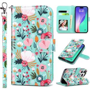 ULAK Compatible with iPhone 16 Pro Max Wallet Case with Card Holder, [RFID Blocking] PU Leather Case with Kickstand Card Slots Wrist Strap, Durable Shockproof Protective Cover 6.9 Inch, Mint Floral