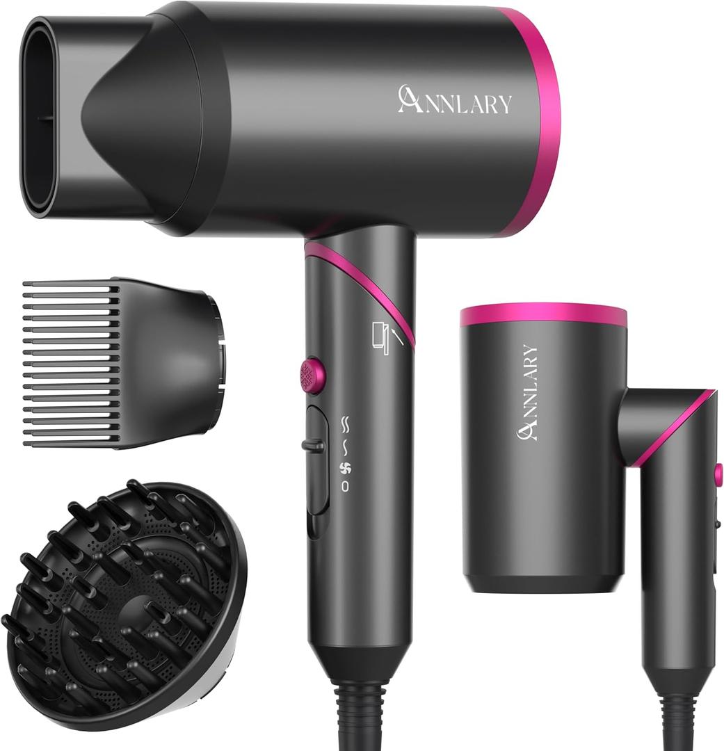 Hair Dryer with Comb | 1800W Blow Dryer with Diffuser for Curly Hair | Plasma Ionic Hairdryer for Frizz Control | Foldable & Protable Design for Travel | 6.5 ft ALCI Cord for Women and Men (Gray)