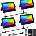 YAYZA! LED Flood Lights Outdoor 36W, 300W Equivalent 3000 LM RGB Color Changing Led Stage Landscape Lighting Bluetooth Smart Floodlights with APP Control 3000K Bright White Light, Timing&IP66 (4Pack)