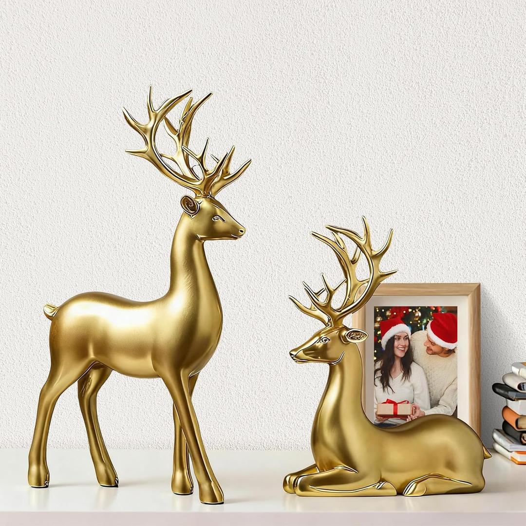 2PCS Gold Deer Statues Christmas Decor  Resin Standing & Sitting Reindeer Figurines, Holiday Tabletop Ornaments for Home Living Room, Fireplace, Shelf, or Xmas Gift Decoration (Gold)