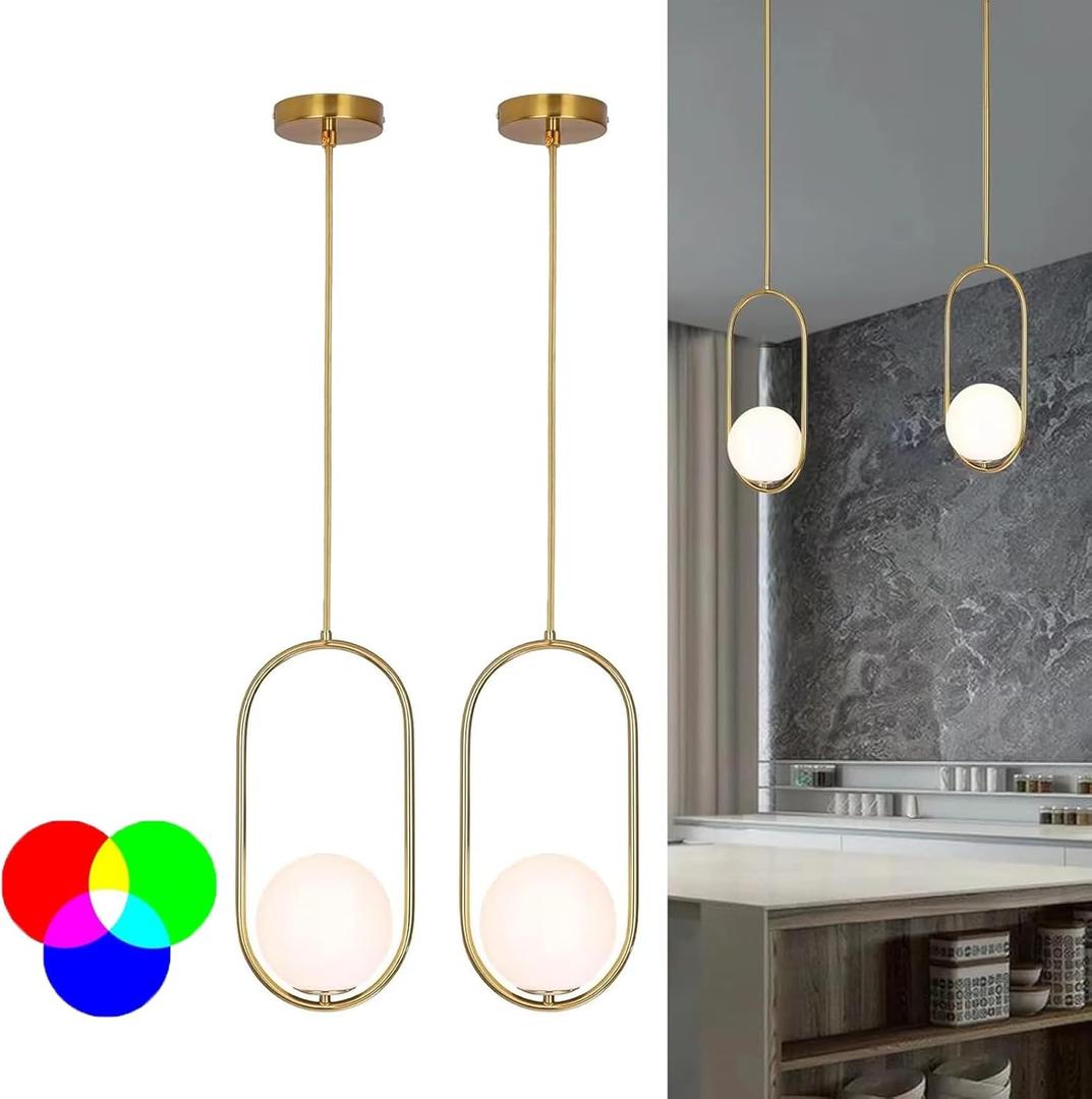 Battery Operated Pendant Light Set of 2,Wireless Indoor Battery Chandelier with C2025 Remote Control Dimmable,Rechargeable Hanging Light for Dining Room Kitchen Bedroom Living Room (Gold)