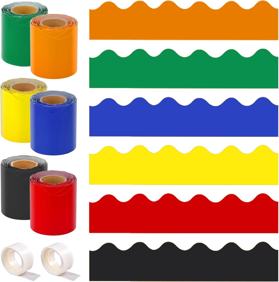 ‌OWLKELA 6 Rolls 196.8Ft Colorful Bulletin Board Borders, Humidity Resistant Bulletin Board Trim with Adhesive, for School, Home, Office and Party Decorations