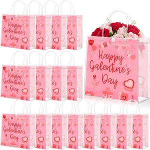 Sweetude 24 Pcs Galentines Day Gift Bags Bulk Pink and Red Clear PVC Goodie Bags with Handles 7.87 x 3.1 x 7.87 Inch Double Sided Reusable Treat Wrapping for Valentines Exchange Gift Party Favors