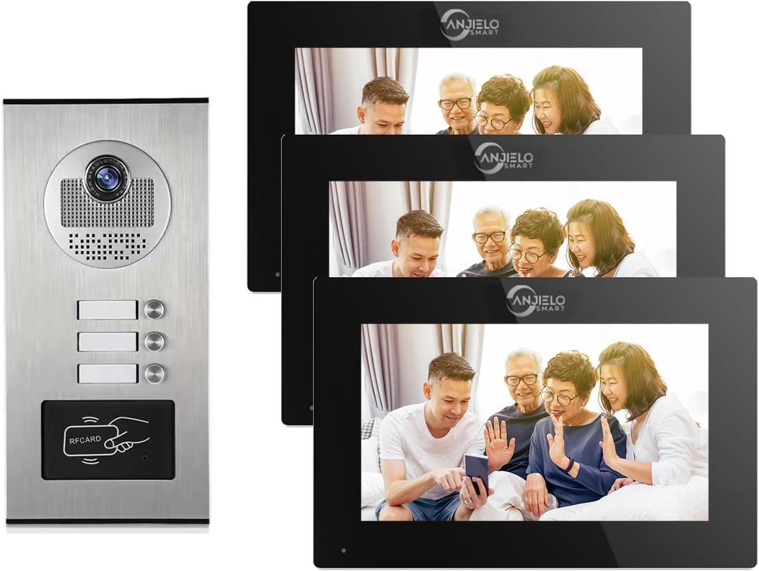 Multi-Unit Home Apartment Visual Intercom Doorbell System,7 Inch Monitor Wired Video Doorbell Door Phone Kits,IR Camera,Motion Detection, Swipe Card, Monitor, Tuya APP (1 doorbell +3 Monitor)