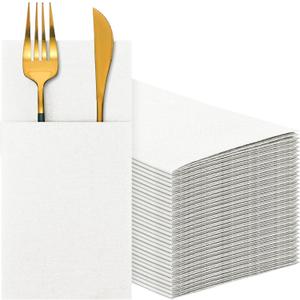 Cindeer 75 Pcs White Linen Dinner Napkins with Built-in Flatware Pocket Prefolded Paper Disposable Airlaid Guest Hand Towel for Silverware Wedding Reception Christmas Baby Shower