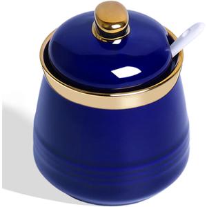 HAOTOP 12oz Sugar Bowl with Lid and Spoon,Simple Ceramic Sugar Jar Sugar Container Sugar Dispenser Coffee Bar Accessories, Modern Kitchen Countertop Canisters (Navy)