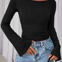 PRETTYGARDEN Womens Long Sleeve Shirts 2026 Spring Crop Going Out Tops Casual Boat Neck Bell Sleeve Ribbed Ruched Y2K Clothes (Black, Small)
