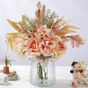 Silk Flowers with Vase, Artificial Flowers Arrangement with Glass Vase Faux Rose for Decoration Table Centerpiece (Hydrangea Rose Pink)