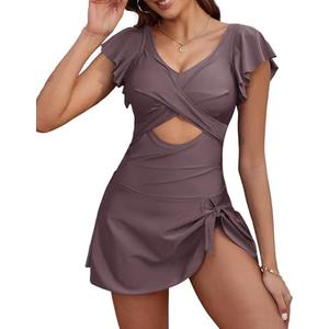 Yonique Women Swimsuits with Skirt - One Piece Tummy Control Swim Dress Cutout Bathing Suits L