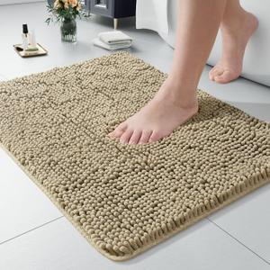 LOCHAS Luxury Bathroom Rug Shaggy Bath Mat 24 x 17 Inch, Washable Non Slip Bath Rugs for Bathroom Shower, Soft Plush Chenille Absorbent Carpets Mats, Beige