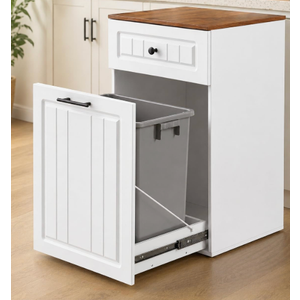 13 Gallon Pull Out Trash Can Cabinet with Storage Drawer, Wooden Kitchen Garbage Can Holder, Freestanding Modern Farmhouse Waste Bin Furniture