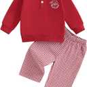 Gueuusu Toddler Baby Boy Christmas Outfit Santa Claus Embroidery Button Up Collared Shirt Plaid Pants Set Festive Clothes (Red, 6-12 Months)
