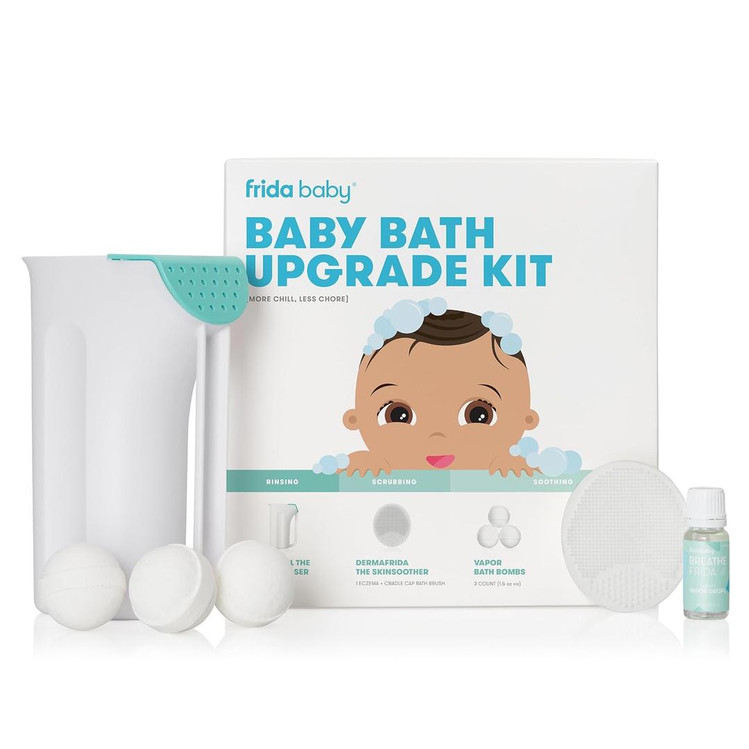 Frida Baby Baby Bath Upgrade Kit | Infant and Toddler Bath Essentials, Rinser Cup, Baby Bath Silicone Brush, Bath Bombs, Essential Oil Vapor Drops, white (6ct)