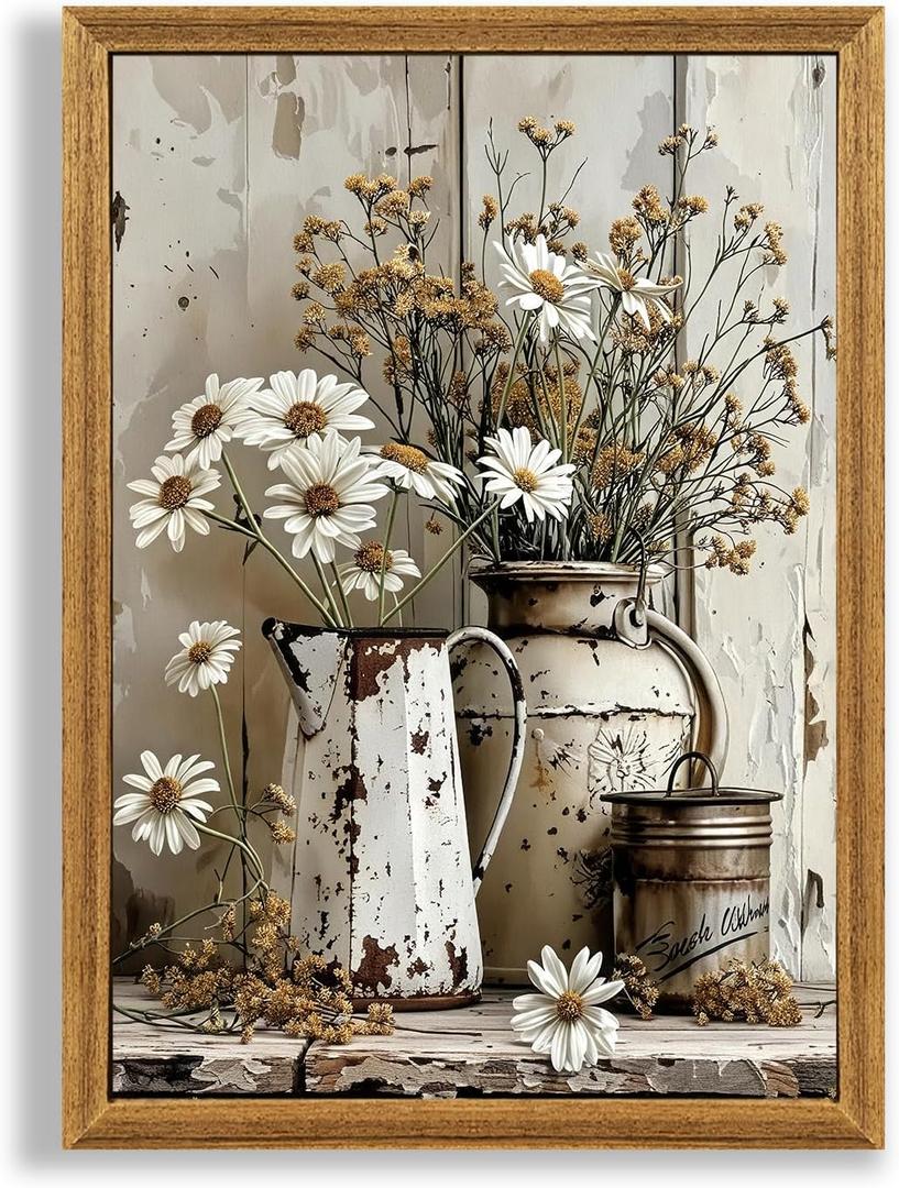 FWAHREN Modern Farmhouse Daisy Wildflower Framed Canvas Wall Art, Vintage Rustic Floral Pictures Paintings Artwork Wall Decor for Living Room Bedroom Bathroom Kitchen Home Office Decoration, 16x24in