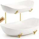 Large Size 2 Tier Ceramic Fruit Bowl,13.4 and 11 inch PlateMore Storage Space, Golden Metal Stand for Kitchen Counter,Porcelain Fruit Basket for Countertop, Snack, Nuts, Cake, Dessert - White