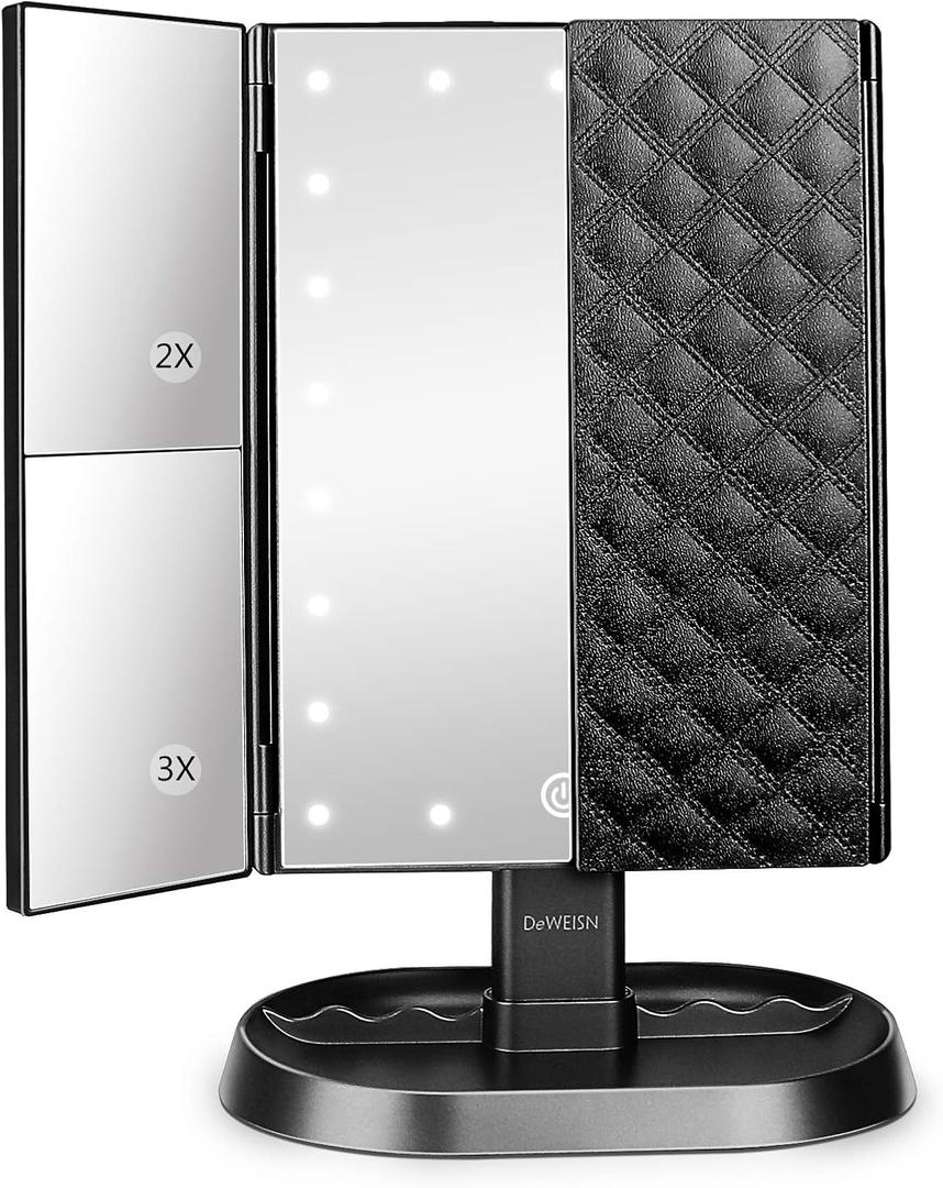 deweisn Trifold Lighted Vanity Makeup Mirror with 21 LEDs Lights,1x/2x/3x Magnification and Touch Screen Dimming,Two Power Supplies Makeup Mirror, Gift for Women (Black)
