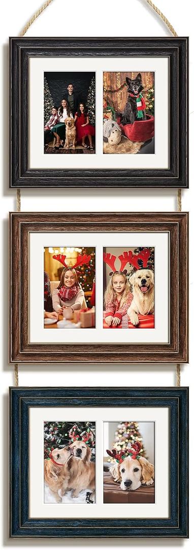 8x10 Hanging Picture Frames Collage Wall Decor with Double 4x6 Openging Mat,High Definition Temped Glass with Wood Grain Black,Brown,Blue Mix Assorted Color,1Pack