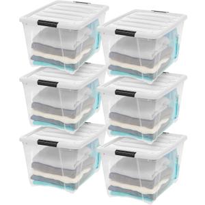 IRIS USA 54 Qt Stackable Plastic Storage Bins with Lids, 6 Pack - BPA-Free, Made in USA - See-Through Organizing Solution, Latches, Durable Nestable Containers, Secure Pull Handle - Clear/White