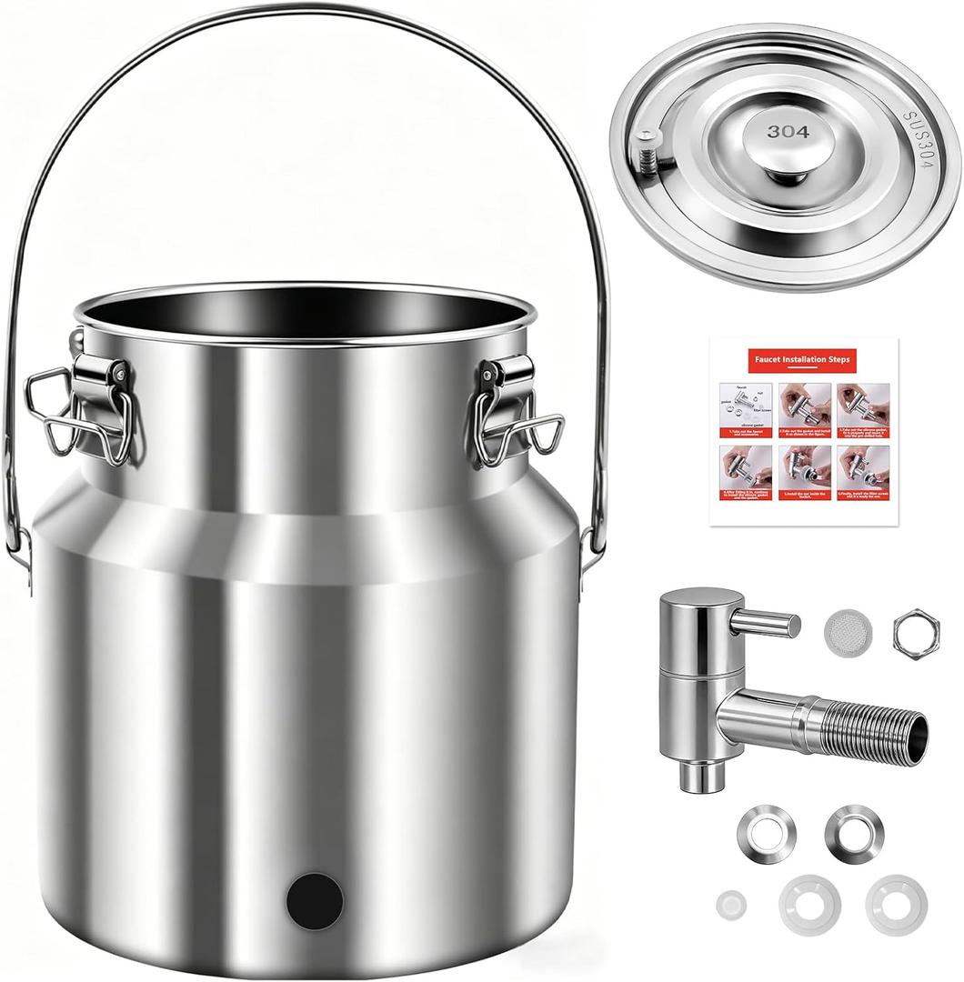 304 Stainless Steel Water Dispenser with Faucet, Thickened Milk Can with Handle, Sealing Ring and Instruction Manual, 5L Stainless Steel Water Jug for Milk, Water, Tea, Juice and Beverage Storage