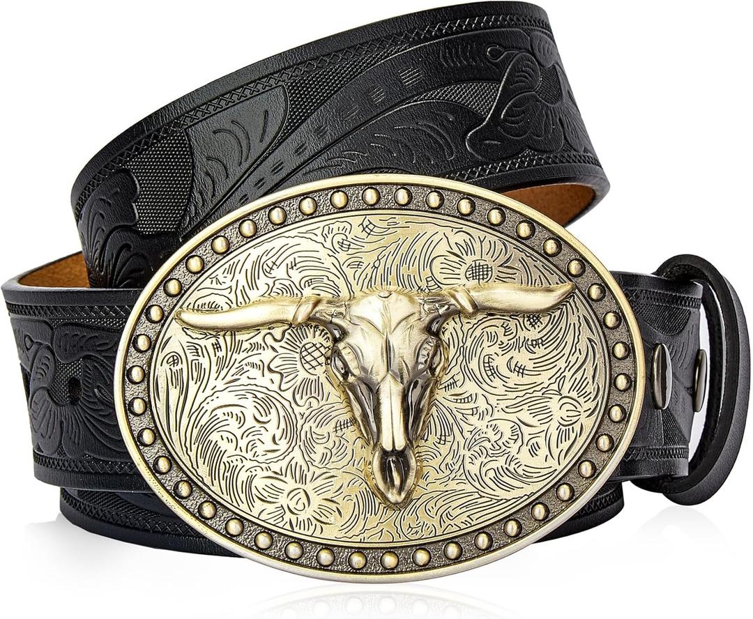 BISON DENIM Mens Western Cowboy Belt - Longhorn Cow Pattern Buckle with Printed Engraved Buckle Strap Adjustable (115cm (fit for waist size 36"-39"), Nk1814g+ds050-1bm-black)