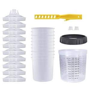 Disposable Paint Sprayer Mixing Cup for Automotive Paint Gun, HVLP Paint Spray Paint Gun 20 Ounce (600ml) Kit with 8 Cups and Lids System, 1 Hard Cup with Retainer Ring and 2 Plugs