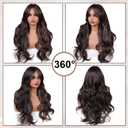 Long Brown Layered Hair Wig with Bangs for Women Synthetic Bombshell Curtain Bang Wig for Women with Blonde Highlight Curly Wavy Dark Brown Mix Blonde Hair for Girls Daily Party Use