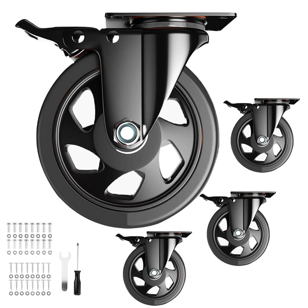 5 Inch Swivel Caster Wheels, Set of 4 Heavy Duty, Locking Industrial Casters with Brake, Black, Stainless Steel, Polyurethane, Double Safety Brakes and 360° Swivel for Maximum Flexibility