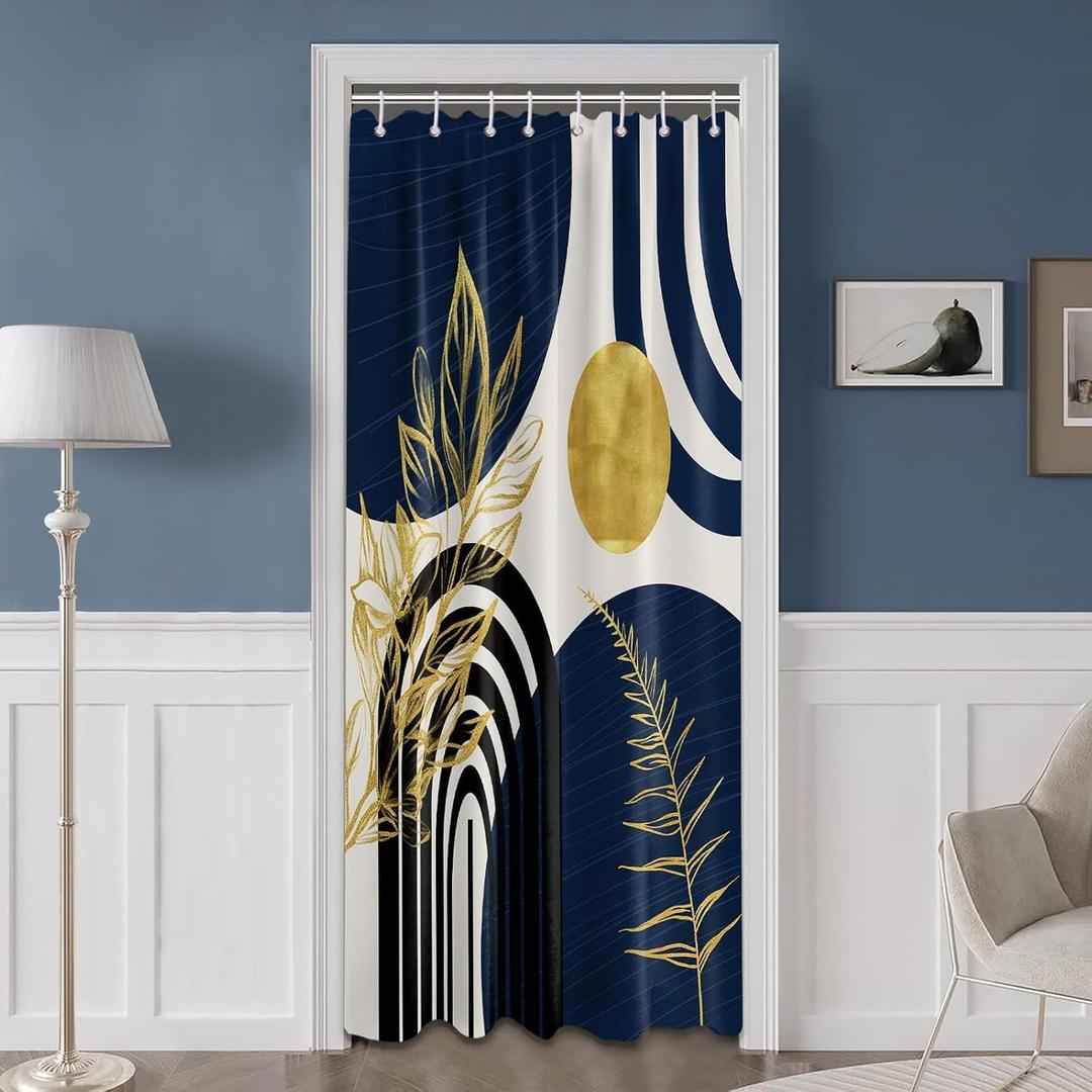 Mid Century Modern Navy Blue Shower Curtain Boho Dark Blue and Gold Leaves Shower Curtains for Mens Bathroom Decor Sets, Waterproof Cloth Fabric with Hooks, 48x72in