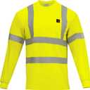 Ironwear 1204FR-L-TP-3-LG ANSI Class 3 Flame Retardant Polyester Long Sleeve Crew Neck SAFETY Shirt with Pocket & 2" Silver Reflective Tape, Lime, Large