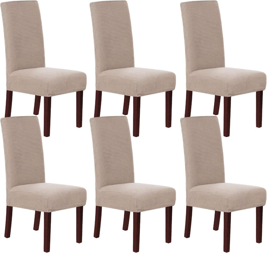 H.VERSAILTEX Stretch Dining Chair Covers Set of 6 Chair Covers for Dining Room Parsons Chair Slipcover Chair Protectors Covers Dining, Feature Textured Checked Jacquard Fabric, Sand