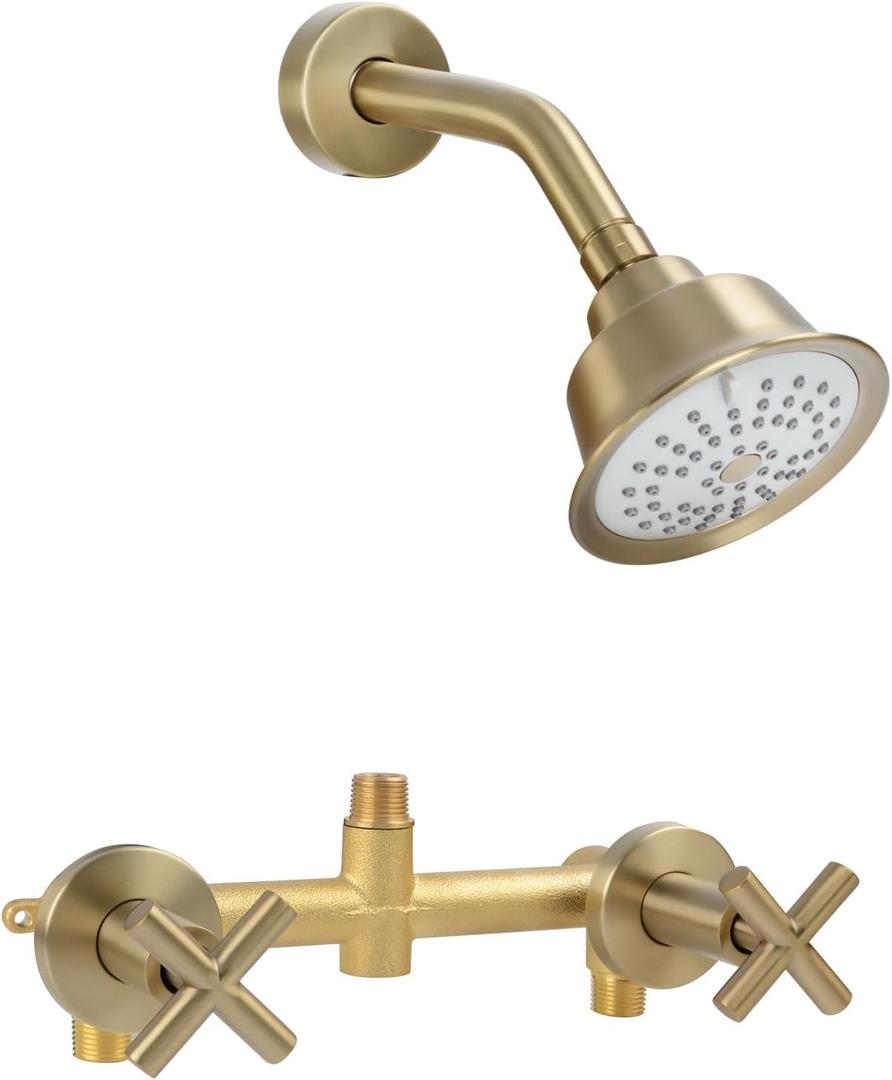 2 Handles Shower Faucet Set,Tub and Shower Trim Kit with Rough-in Valve,2 Handle Shower Faucet with 3 Modes Rainfall Shower Head,2 Knobs Single Function Shower Faucet,Brushed Gold,1A4MK-W