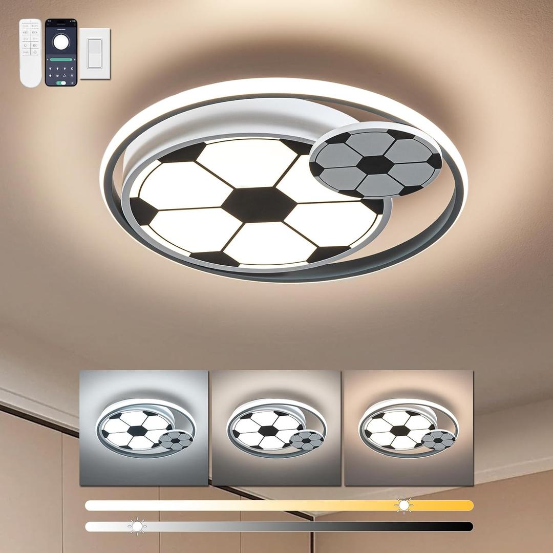 Modern Ceiling Light LED Kids Room Ceiling Lamp for Bedroom Dimmable Soccer Flush Mount Ceiling Light with Remote Control 17" Living Room Light Fixtures for BoysRoom, Kitchen 3000k-6000K