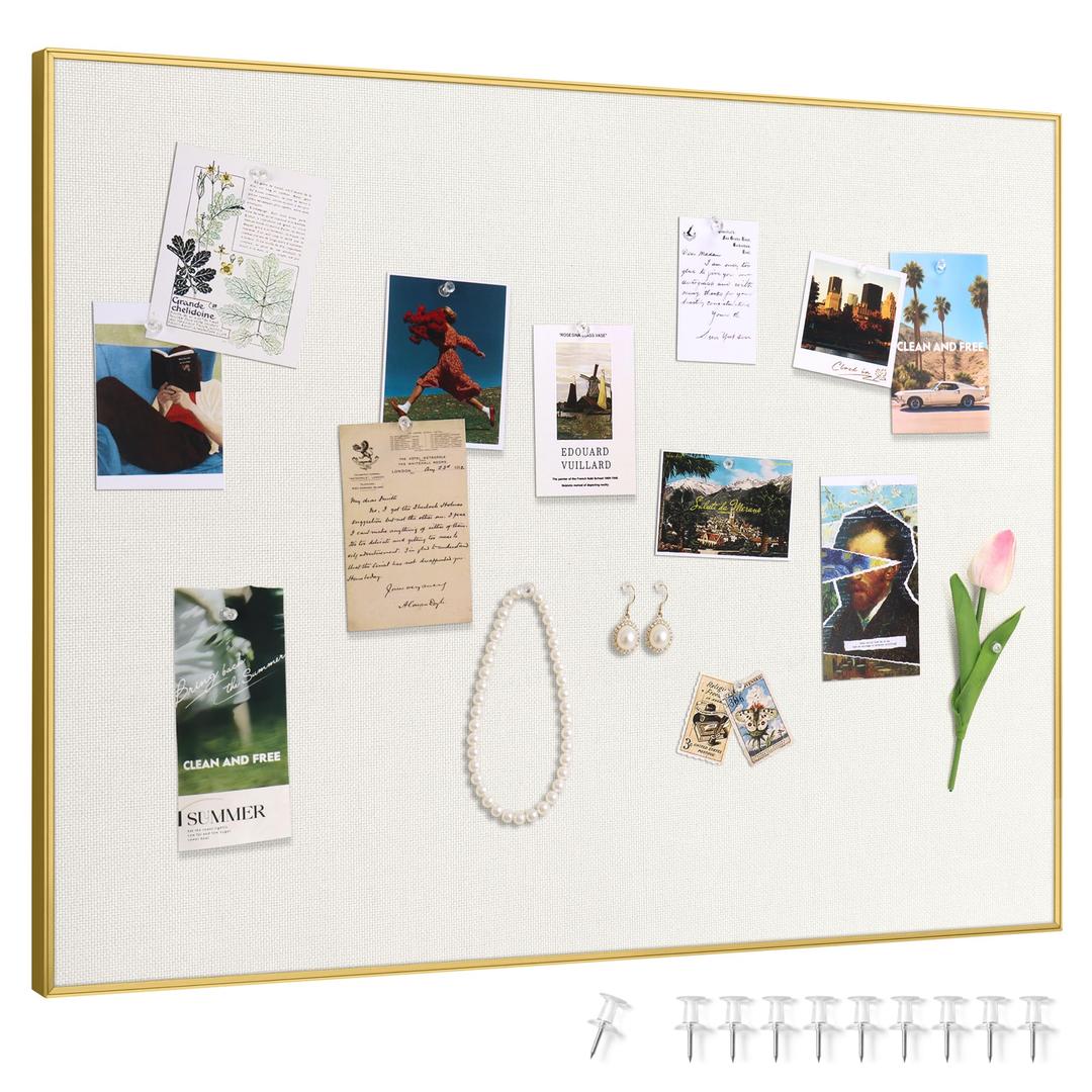 SELEAD Linen Bulletin Board 48” x 24” - Golden Aluminum Frame, Beige Fabric