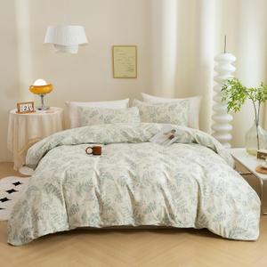 ECOCOTT 3 Pieces Duvet Cover Set with Vintage Green Leaves Pattern 100% Natural Cotton Cozy Simple Style Bedding Set (Queen Size) (Green (No Comforter)