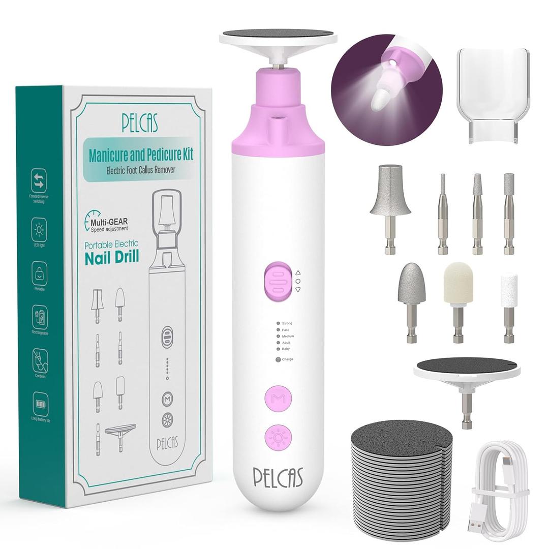 PELCAS Toenail Grinder for Thick Toenails 8 in 1 Manicure & Pedicure Kit, 5 Speeds Cordless Nail Drill with LED Light Electric Foot Callus Remover for Foot Callus, Thick Nails, Finger Nails Pink